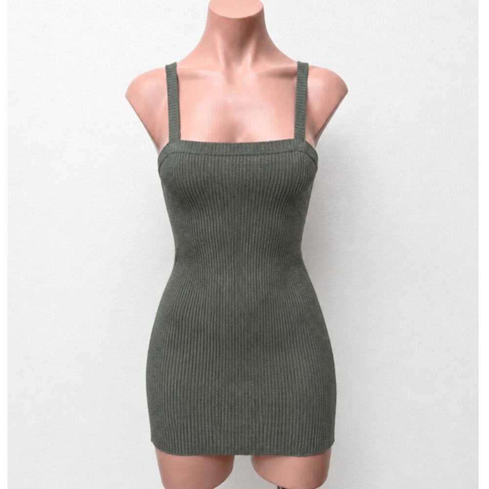 Lovers & Friends Army Green Square Neck Thin Strap Rib Knit Bodycon Mini Small
